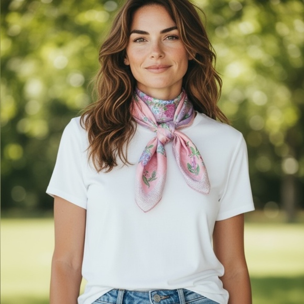 Vintage Paoli Floral Scarf Pink Purple Green Square 25x25 Made in Japan